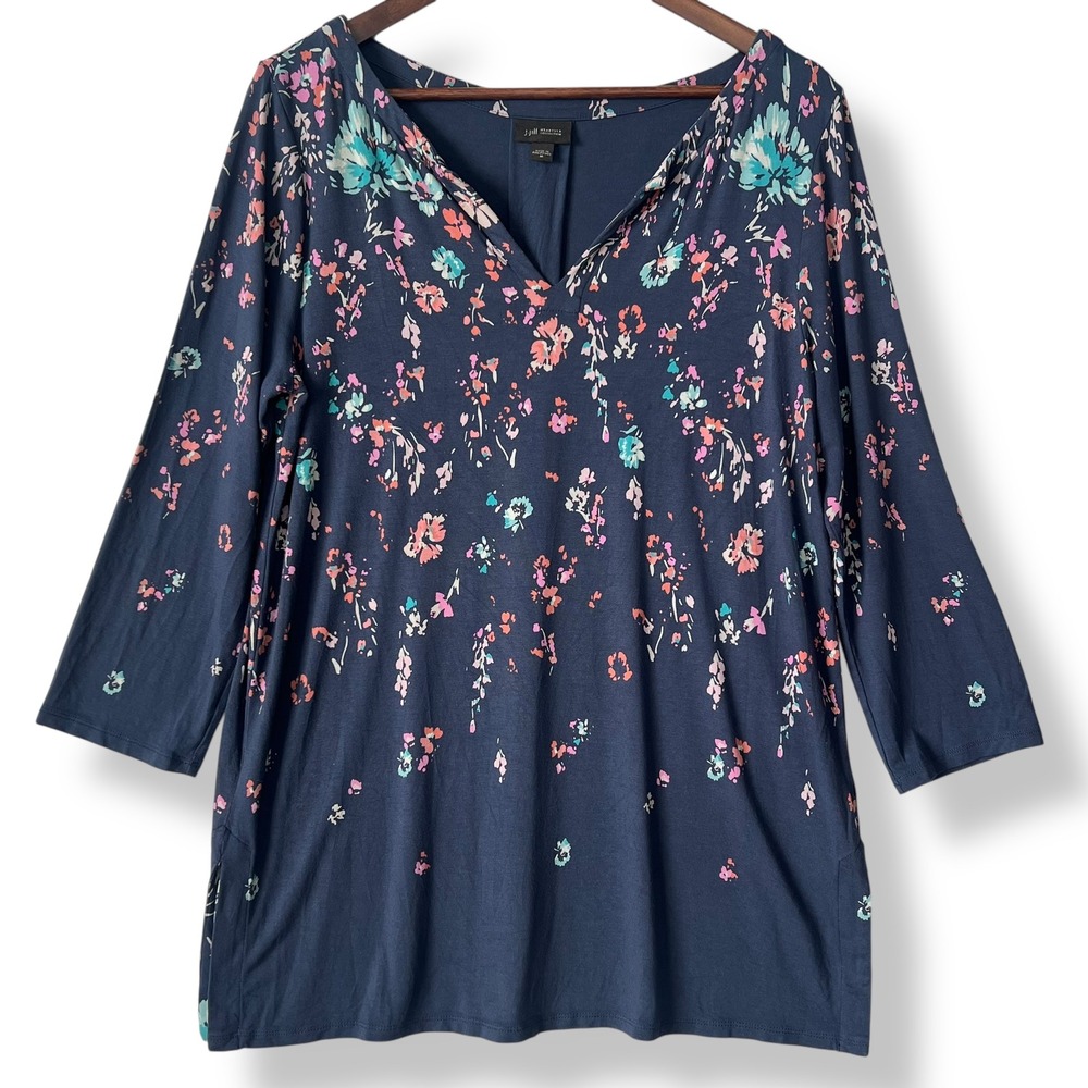 J. Jill Wearever Tunic Blouse M Navy Floral Cottagecore Soft Stretch Travel Chic